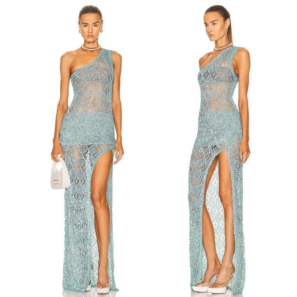 NWOT retrofete Askala Gown in Turquoise
Powder Blue Green Crochet Maxi Dress XS